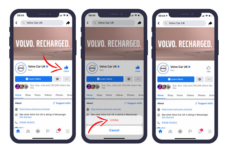 Unlike a Facebook page on mobile