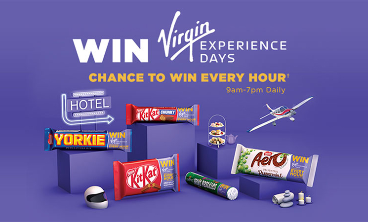 A chance to win a £200 Virgin Experience Day voucher every hour when you buy promotional Nestlé chocolate bars or sweets!